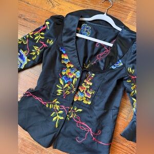 Anthropologie sample sale unique hand embroidered peplum black satin jacket